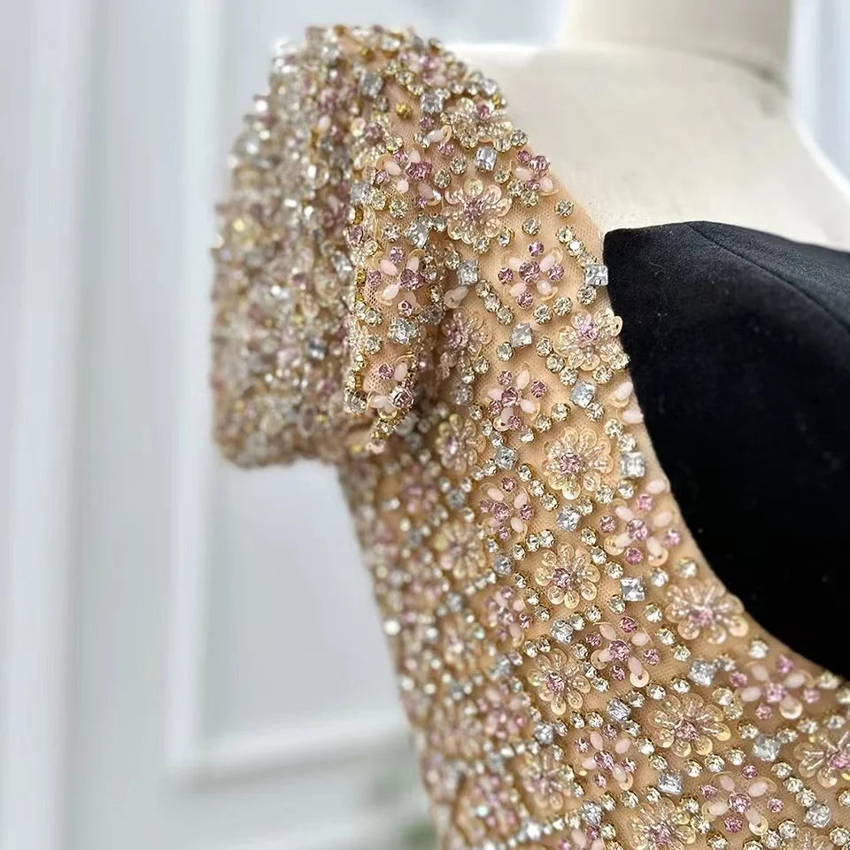 Black Velvet Midi Straight Evening  Dresses 2023 Luxury Dubai Crystal Ankle Length Arabia Women Wedding Party Gown