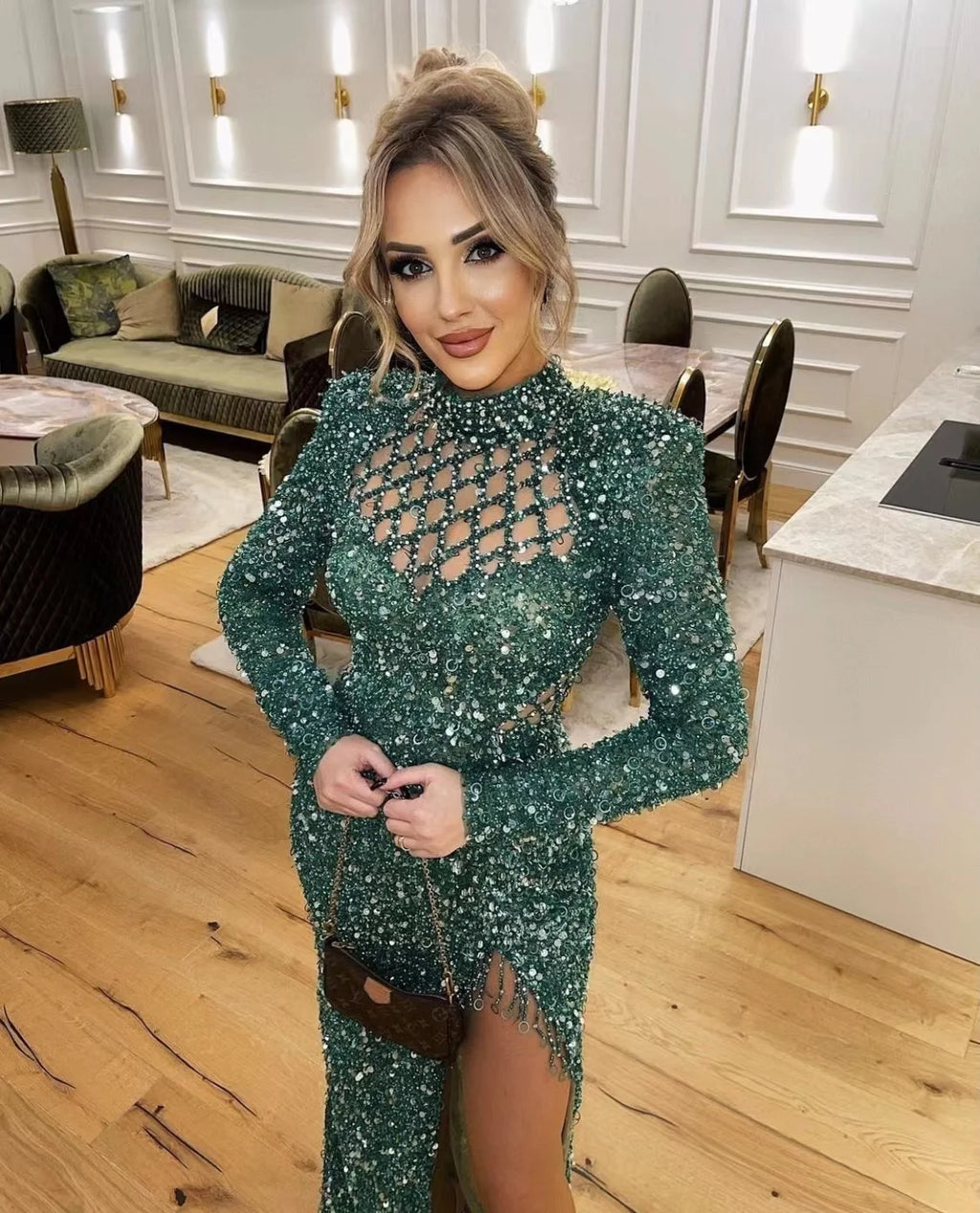 2022 Popular Banquet Long Sleeve Sequin Evening Dress With Split Long Beading Dress for  Women