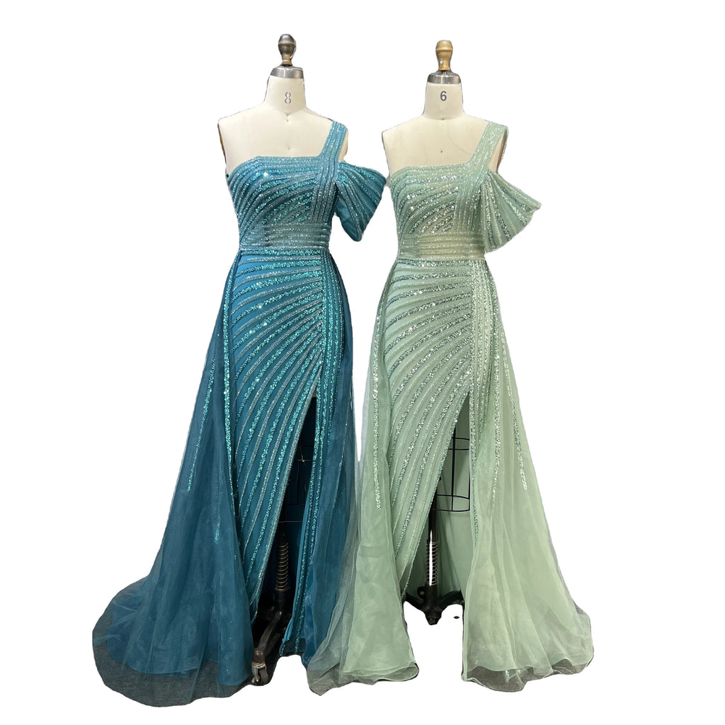 Turquoise One Shoulder High Split Sexy Evening Gowns Mermaid Elegant Luxury Beaded Organza Party Dresses