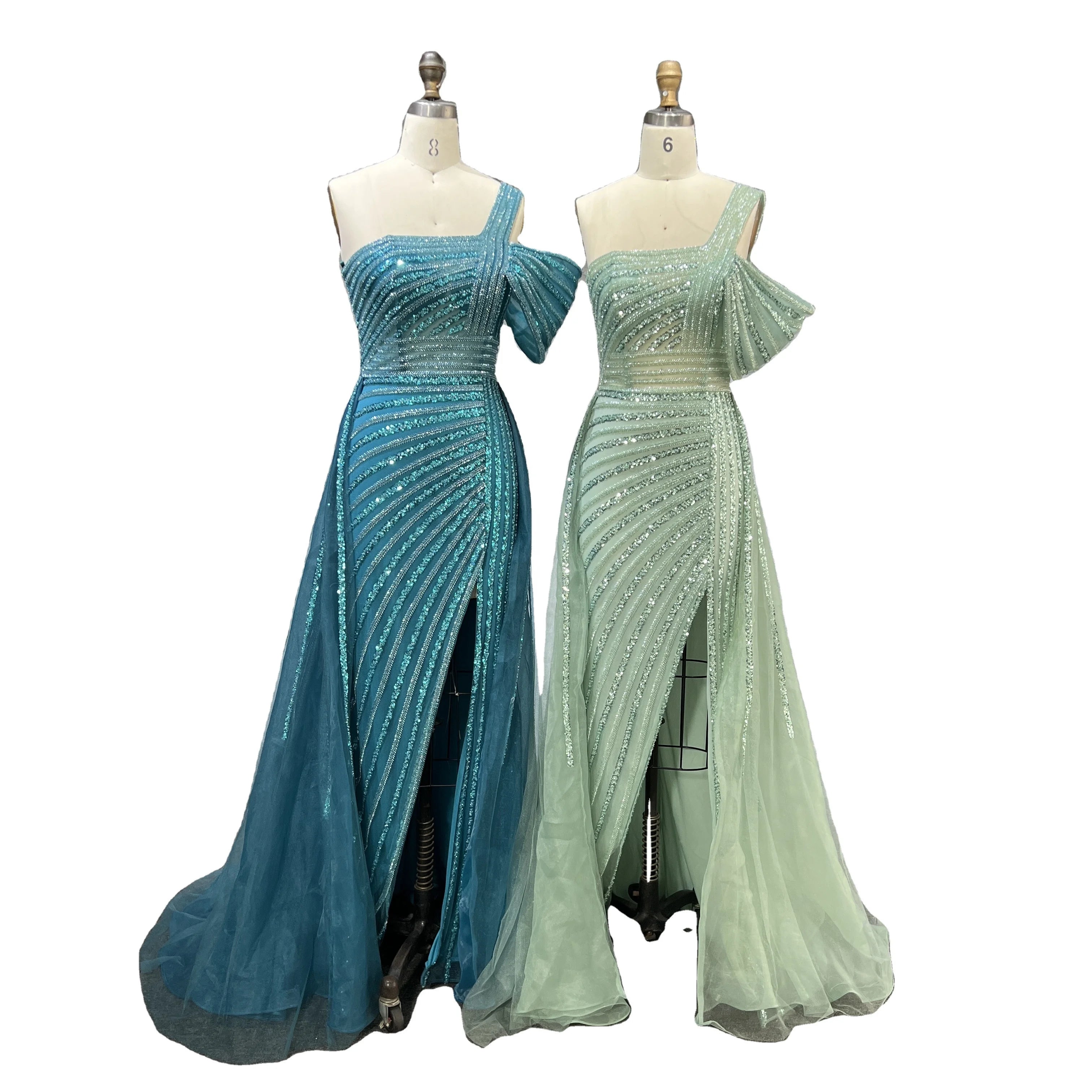 Turquoise One Shoulder High Split Sexy Evening Gowns Mermaid Elegant Luxury Beaded Organza Party Dresses