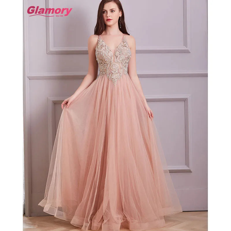Women Dresses Glamorious Bling Lace Ball Gown V-neck Floor-length Tulle Evening Dress