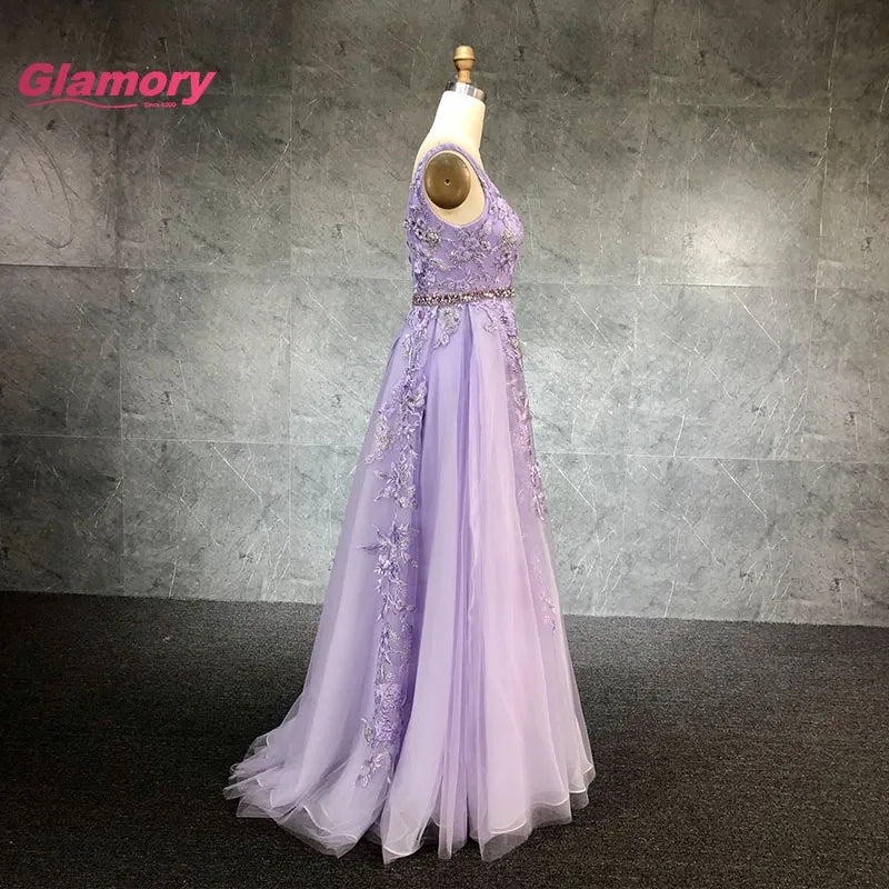 Lavender V Neck Embroidered Ball Gowns Beaded Belt A-Line Ladies Evening Dress Luxury Prom Dresses for Party