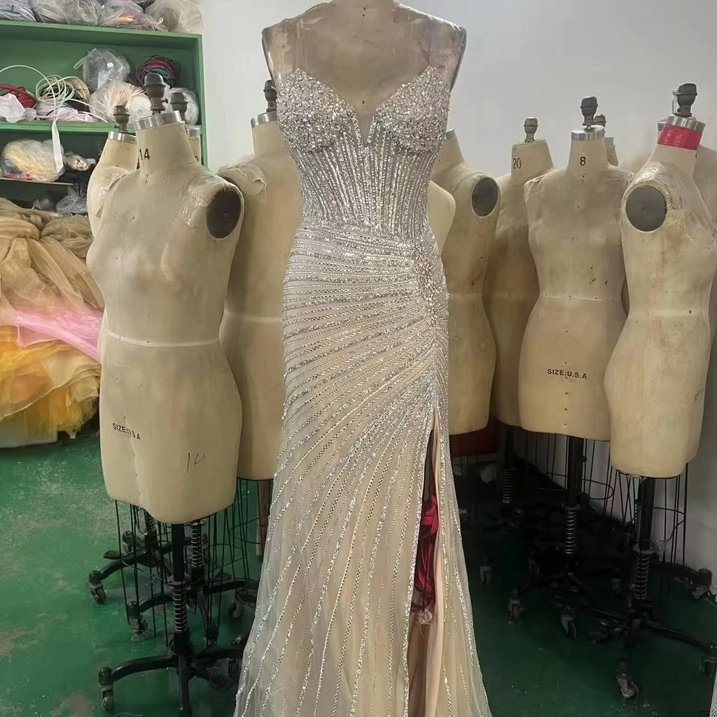 Glamorous Crystal Mermaid Prom Gown with Front Split Beaded Evening Dresses for Women Wedding Party Gowns