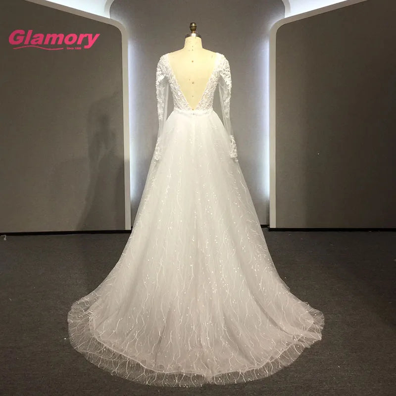 Long Sleeve Saudi Arabia Dresses V-neck Lace Beading Mermaid Wedding Dress With Detachable Train Wedding Gown
