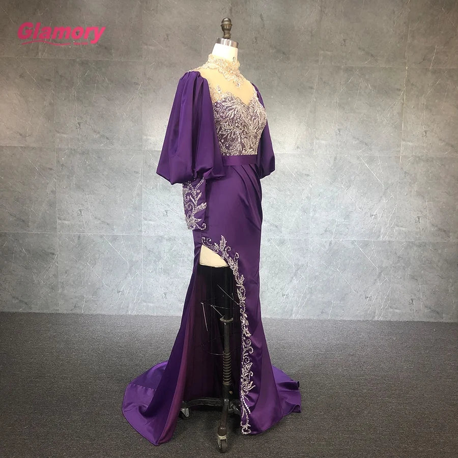 2021 New Arrival Mermaid Luxury Evening Dresses Puff Sleeved  With Split Sexy  Party Dress for Woman