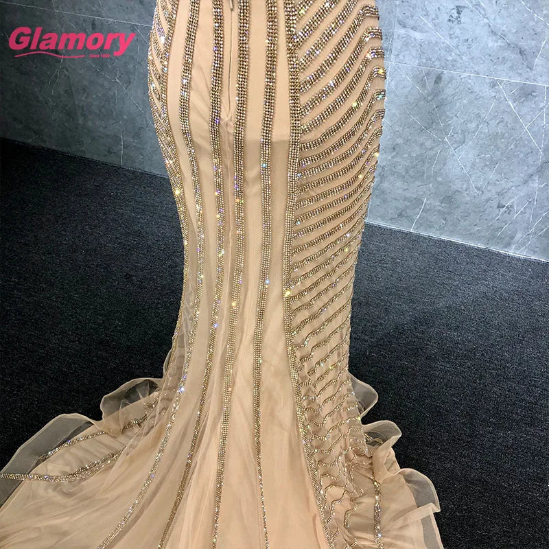 Gold Crystal Beaded Formal Prom Shiny Long Bodycon Evening Dress Ladies Spaghetti Straps Sexy Backless Party Gown