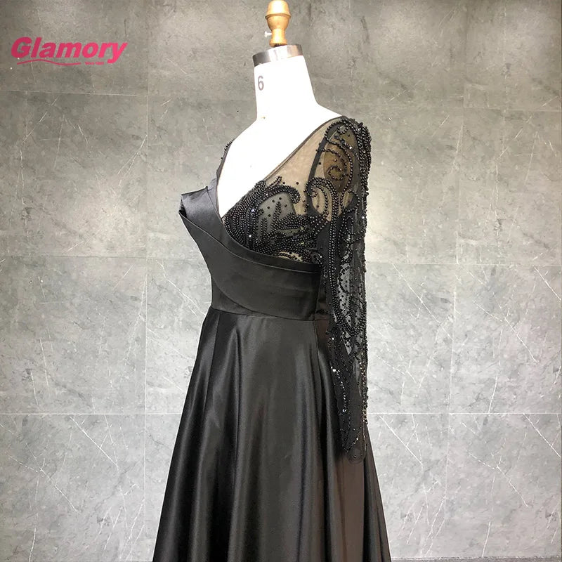 2020 Fashion New Style Deep V Neck Long Sleeves Prom Handmade Beading Evening Dress for Ladies