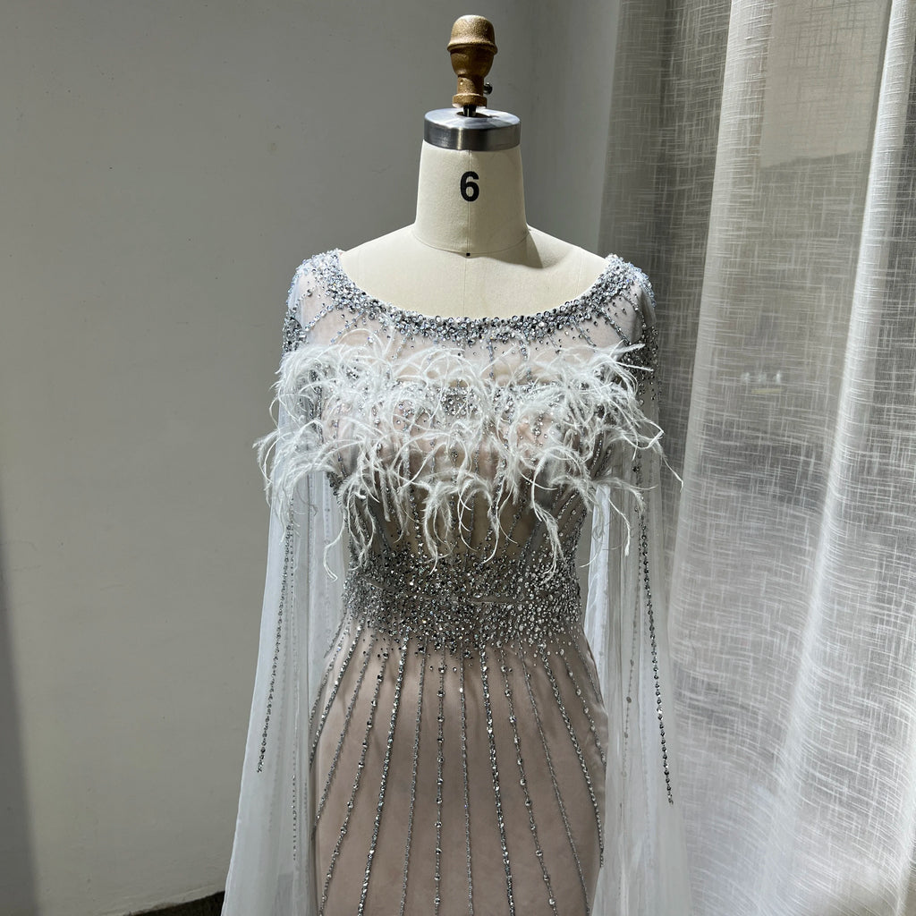 Luxury Silver Nude Elegant Mermaid Evening Dresses Gowns 2023 Feathers With Cape Sleeves Beaded for Women Party