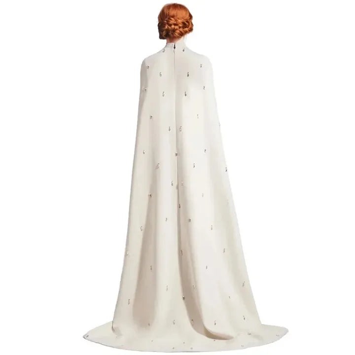 White Saudi Arabia Cape Sleeve Evening Dress Luxury Beaded Cape Dubai Women Wedding Guest Formal Party Dress