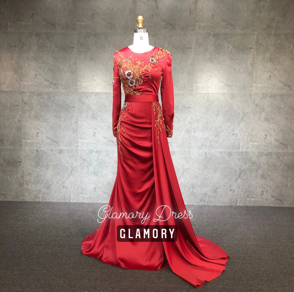 NEW 2021 Muslim Long Sleeve Stain Evening Gowns Mermaid Beading Party Wear Dresses for Woman