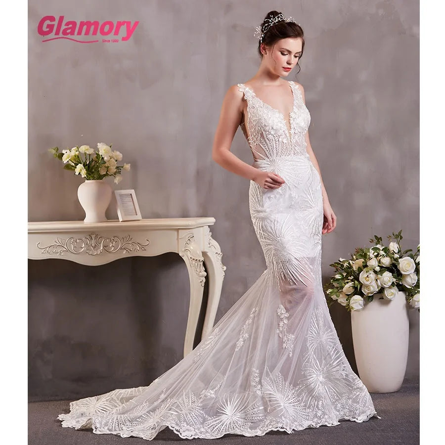 White Sleeveless Mermaid Lace Ball Gown Sexy Backless Wedding Dress African Dress for Wedding