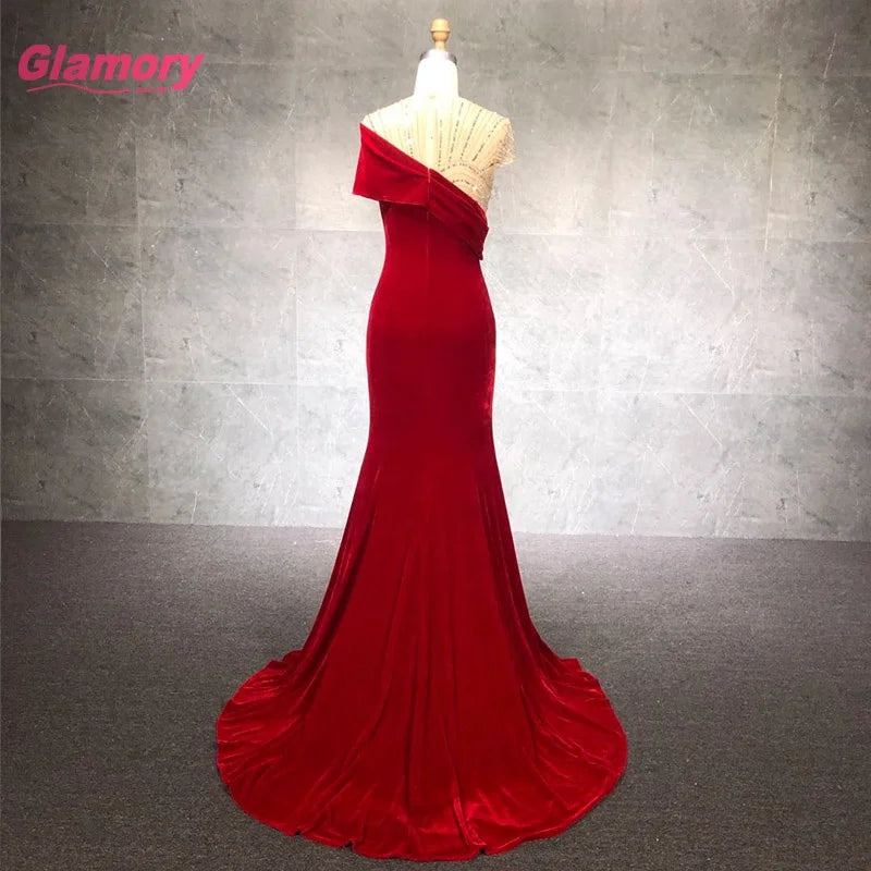 Ladies Formal Evening Dress Sleeveless Velvet Elegant Beaded Long Prom Dress