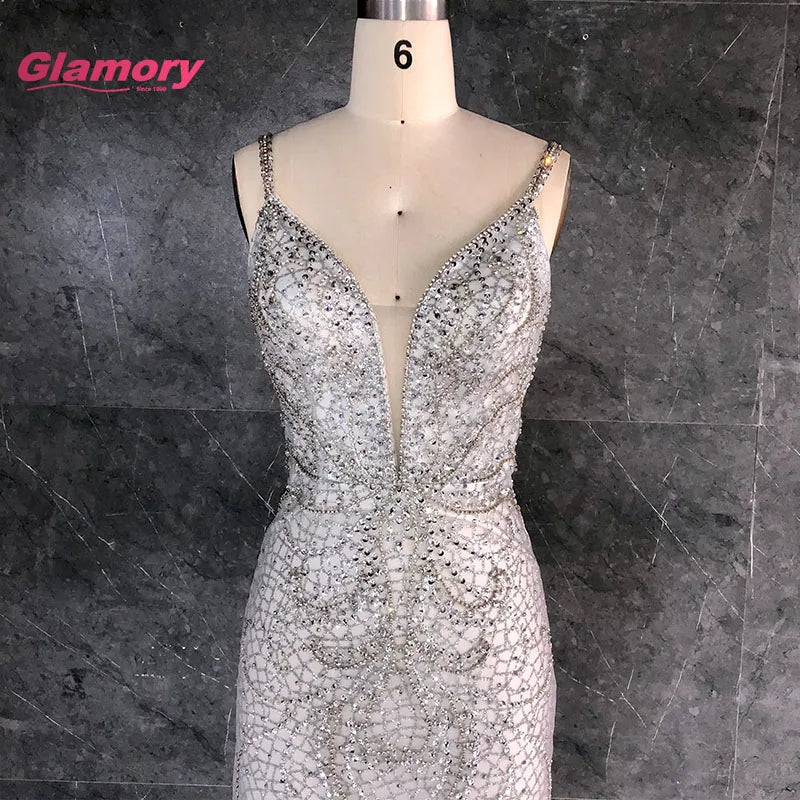 Wholesale Sexy Shiny Tulle Beaded Party Evening Dresses V Neck Mermaid Fishtail Long Graduation Prom Dress