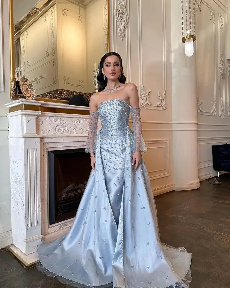 Light Blue Elegant Beaded Evening Dresses With Overskirt Luxury Gowns for Women Wedding Party Dress 2025