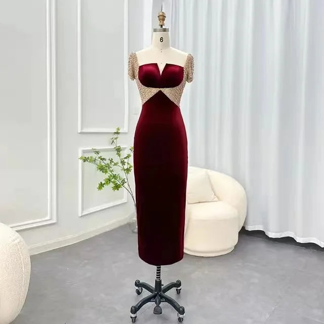 Black Velvet Midi Straight Evening  Dresses 2023 Luxury Dubai Crystal Ankle Length Arabia Women Wedding Party Gown