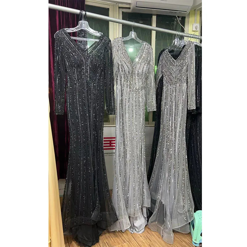 Beaded Long Sleeves Mermaid With Split Evening Dress 2024 Elegant Party Gown for Women