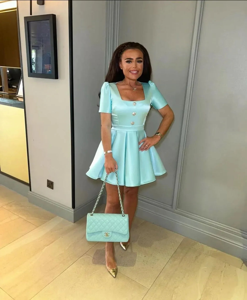 Turquoise Birthday Party Gown Knee Length a Line Satin Blue Dress for Women