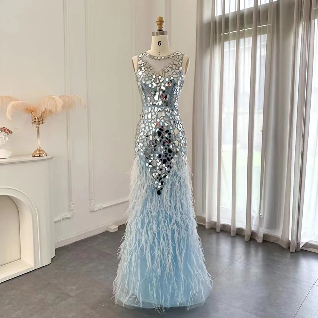 Sky Blue Beaded Mermaid Illusion Tulle Diamond Feather Crystal Evening Formal Dresses for Party Wear