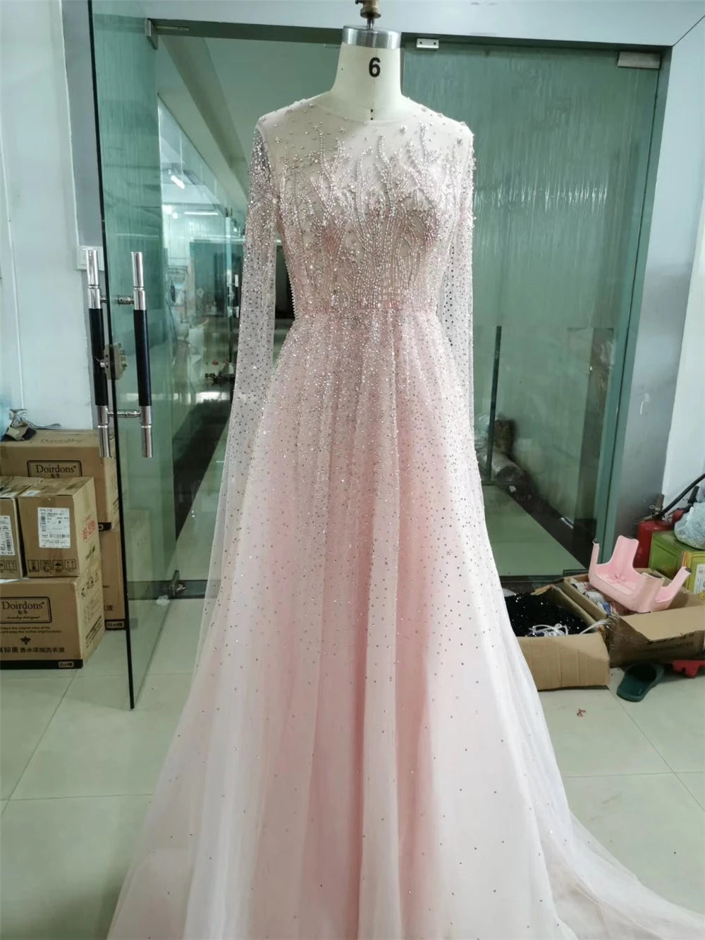 Hot Selling Bead Evening Dress Long Sleeves A-Line  Party  Evening Gown