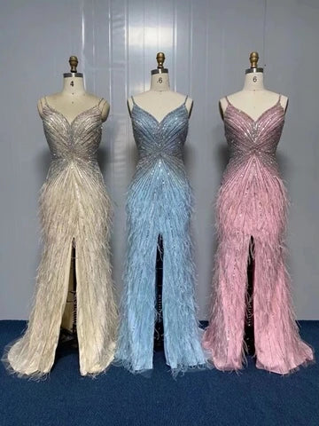 New 2022 Luxury Beaded Gown With Feathers Sexy Split Thigh Sheer Long Elegant Evening Dresses