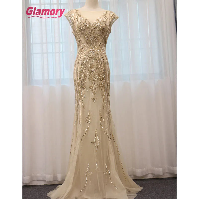 Gold  CapSleeve Party Evening Dress  Luxury Beaded Dress  Gowns for Women