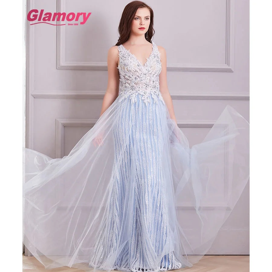 Light Blue Women Lace Applique Tulle Evening Dress V-neck Fantasy Dress