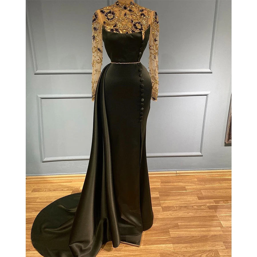 2022 New Arrival Fashion High Neck Elegant Gown Ladies Long Sleeves Mermaid Beaded Evening Gowns