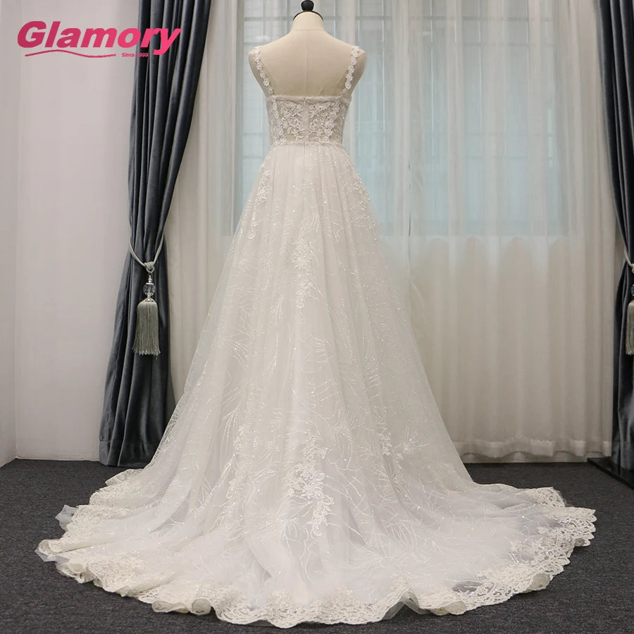 Spring and Summer Show Long Tail Bride Without Sleeve Spaghetti Straps Beach Wedding Dress