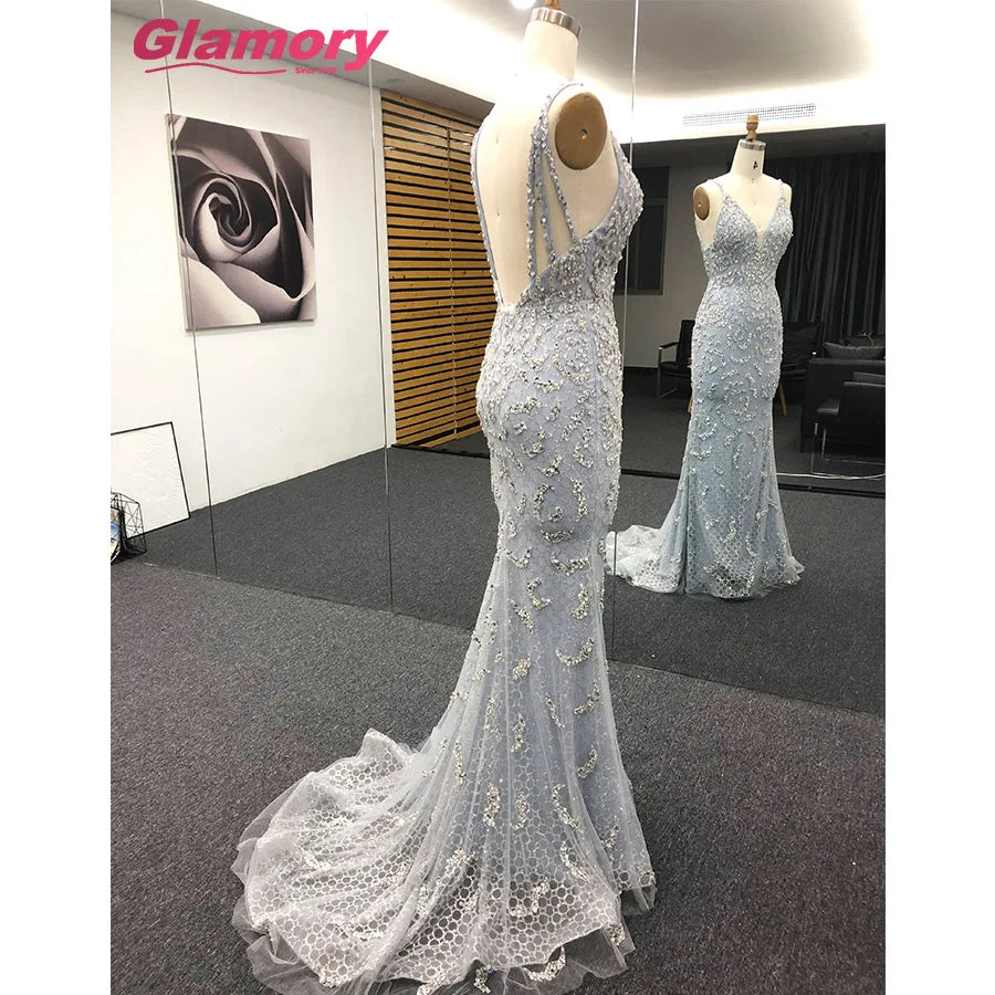 Sky Blue Sparkly Evening V-Neck Spaghetti Strap Halter Long Slim Prom Dress