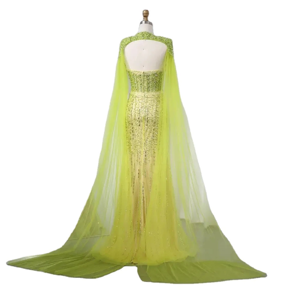 Luxury Beaded Mermaid Lime Green & Blue Evening Dress With Cape Sleeve Arab Women Wedding Party Prom Dress