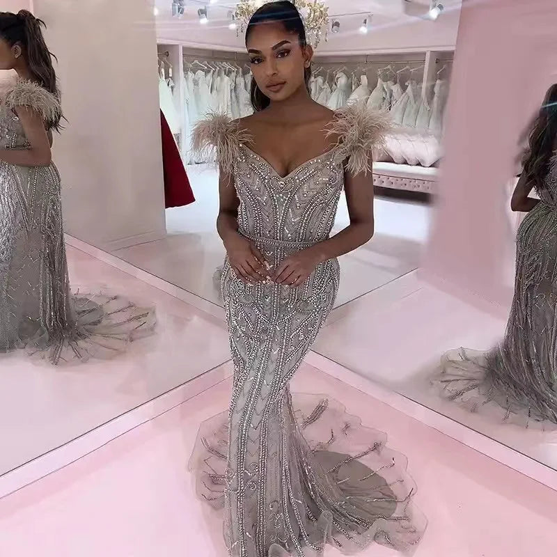 Luxury Dubai Champagne Feathers Evening Dress Long Mermaid Prom Formal Dress for Women Wedding Party Gown