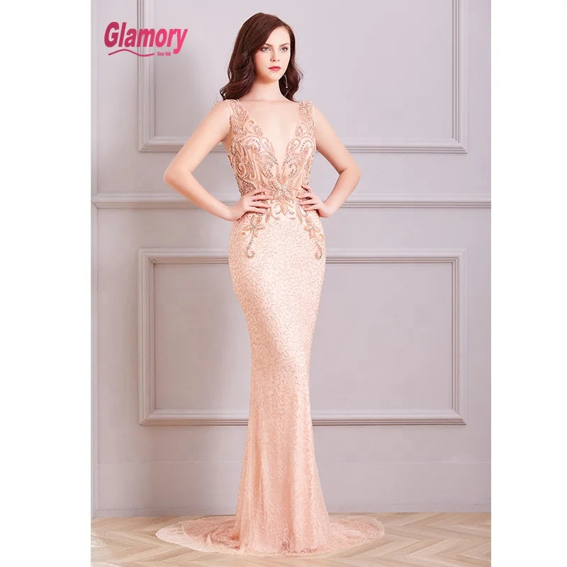 Pink Luxury Beading Low Back Sleeveless Long Evening Custom Made Girls Prom Dress