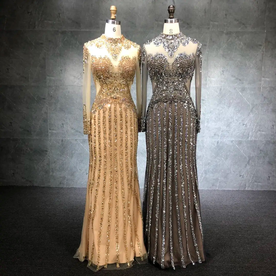 2020 New Women's Long Sleeve Dress Luxury Beading Mermaid Party Halter Neck Turkish Evening Dresses