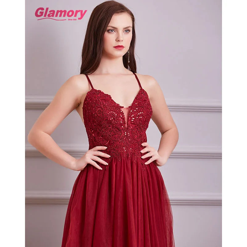 Hot Sales Girls Dress Party Banquet Sexy Backless Burgundy Gown Wholesale Lace Evening Dresses for Women