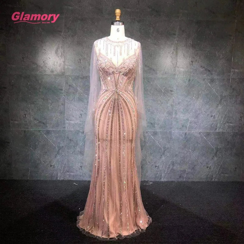 2021 New Design Sexy V Neck Long Sleeves Mermaid Heavy Beaded  Crystal Evening Dresses for Women