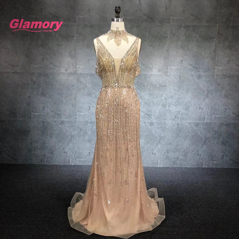 Available Gold Evening Dress Deep V Neck Sexy Sparkly Beading Formal Mermaid Pageant Dresses