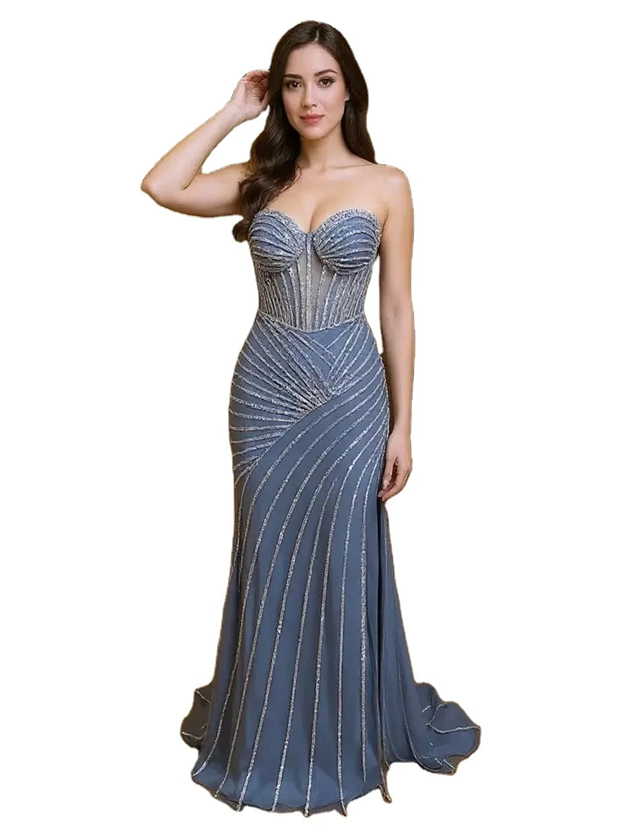 Smoky Blue Strapless Mermaid Hand Pleated Corset Crystal Embellished Sparkling Formal Prom Gala Dress