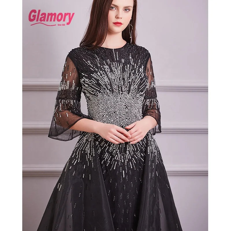 Black Plus Size Prom Gowns Handmade Beaded Women Evening Dress With Great Price