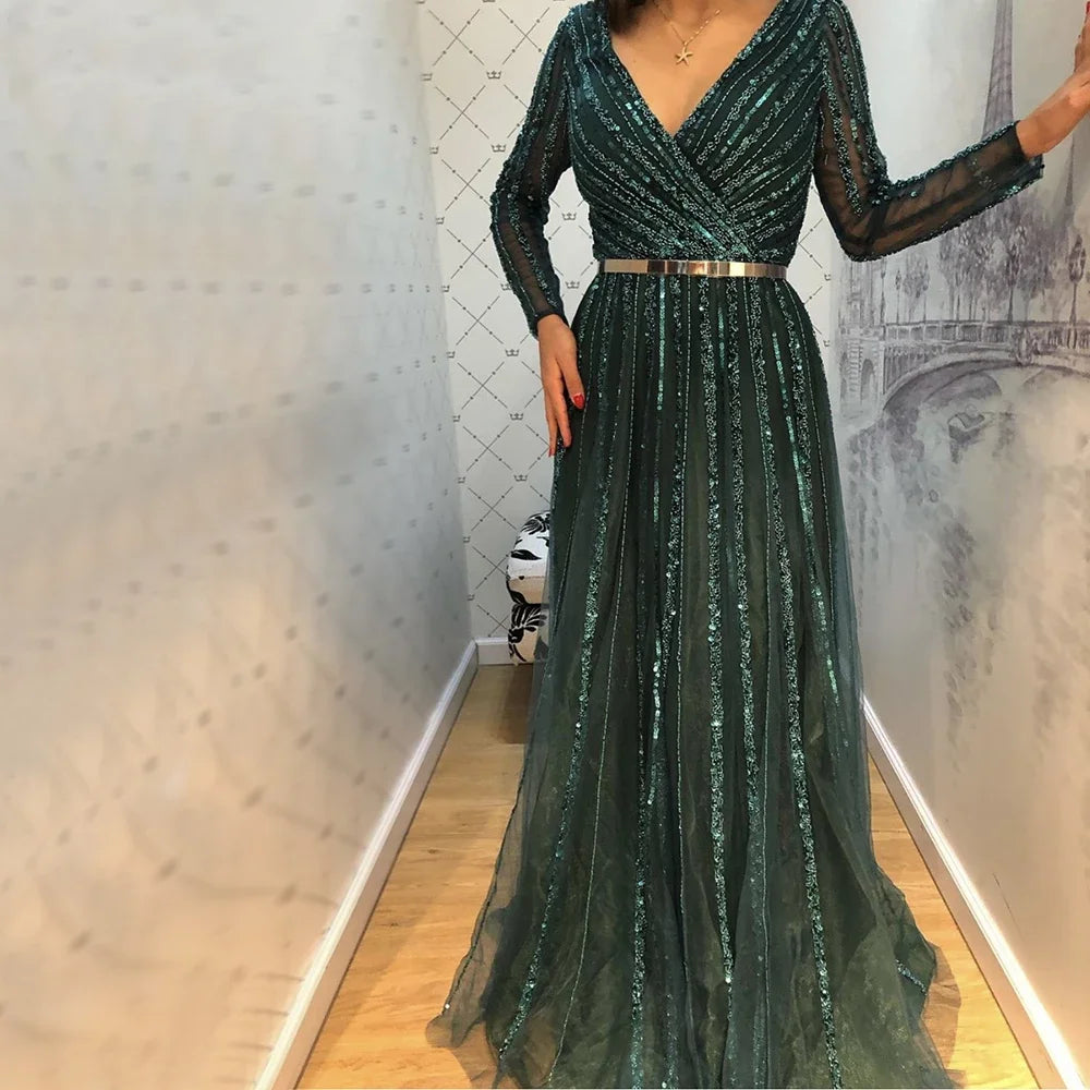 2021 Muslim Luxury Beaded Green V Neck a Line Full Sleeves Evening Party Long Gowns for Women