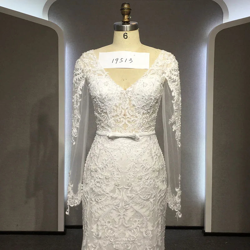 Long Sleeve Saudi Arabia Dresses V-neck Lace Beading Mermaid Wedding Dress With Detachable Train Wedding Gown