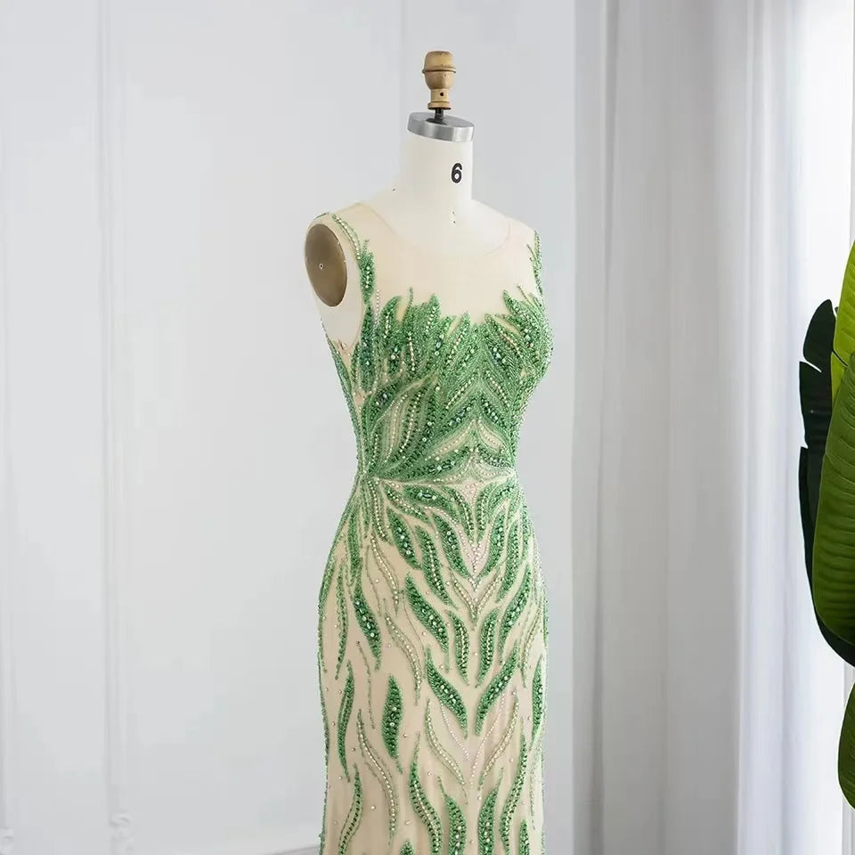 2023 Dubai Green Nude Mermaid Evening Dress Elegant Beaded Long Prom Formal Dress for Party