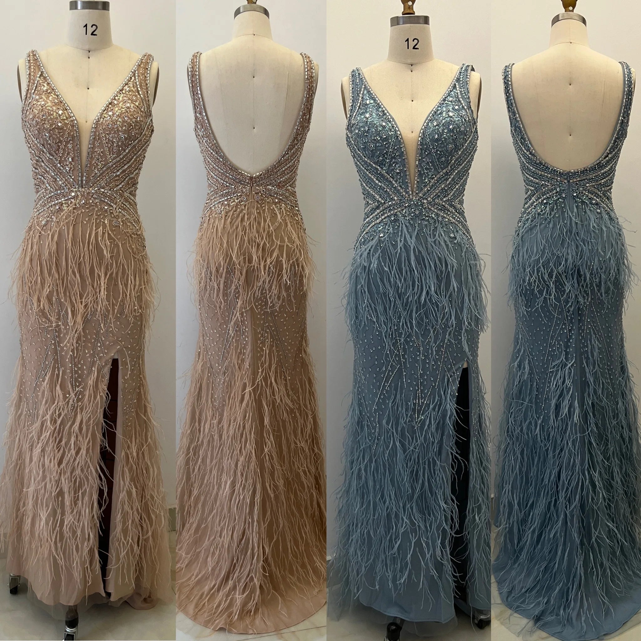 2022 New Handmade Beading Mermaid Evening Dresses With Feathers Sexy Split  Long  Evening Gowns for Women Party