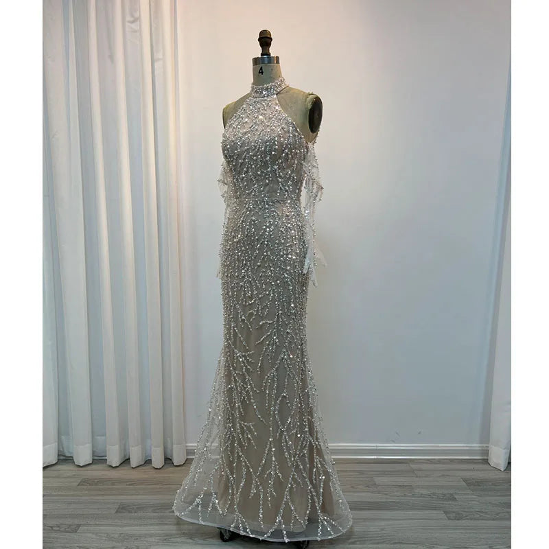 Bride Nude Pearls Halter Sleeveless With Gloves for Women Party Gown Elegant Cocktail Night Gowns