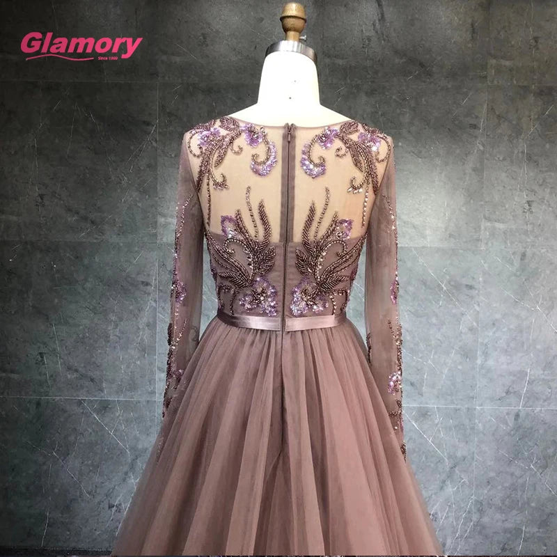Pink 2020 New Elegant Full Sleeve Tulle Heavy Beaded With Belt Sexy Open Leg Prom Dress