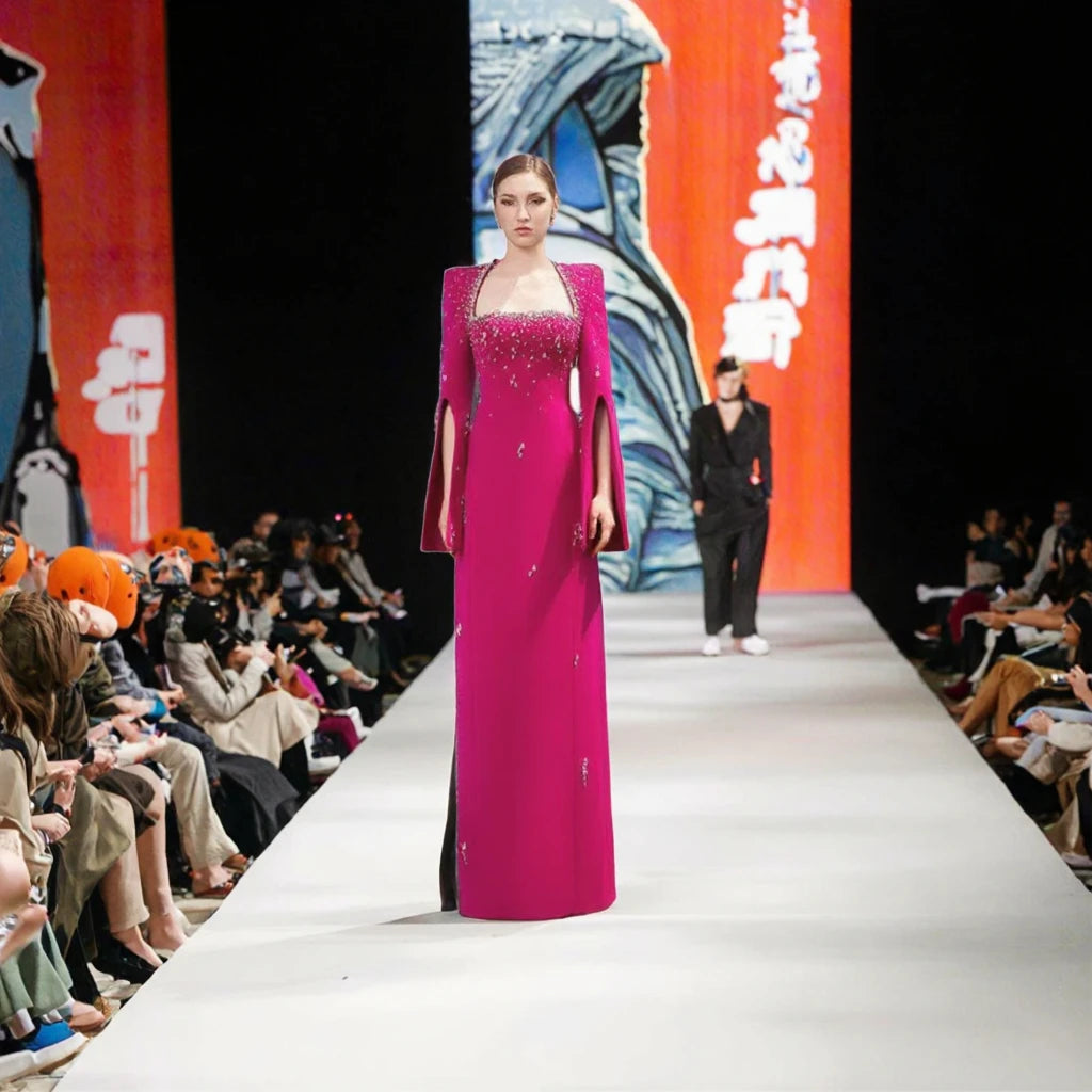 2025 Luxury Women Evening Dresses Gown New Modest Design Rhinestone Beaded Split Half Sleeve Straight Floor-Length Robe Femme