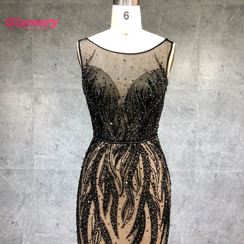 Black O-neck Prom Dresses Handmade Beaded Mermaid Evening Gowns Backless Long Vestidos Party Gown