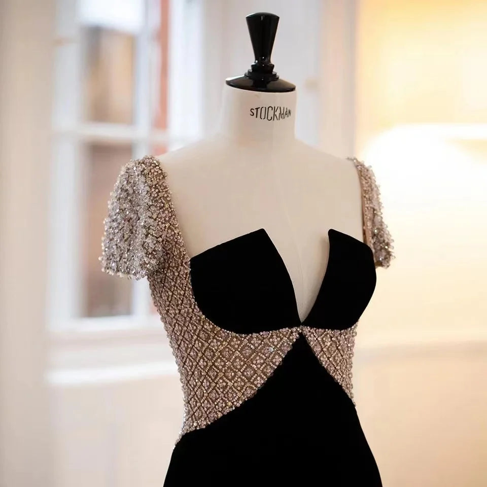 Black Velvet Midi Straight Evening  Dresses 2023 Luxury Dubai Crystal Ankle Length Arabia Women Wedding Party Gown