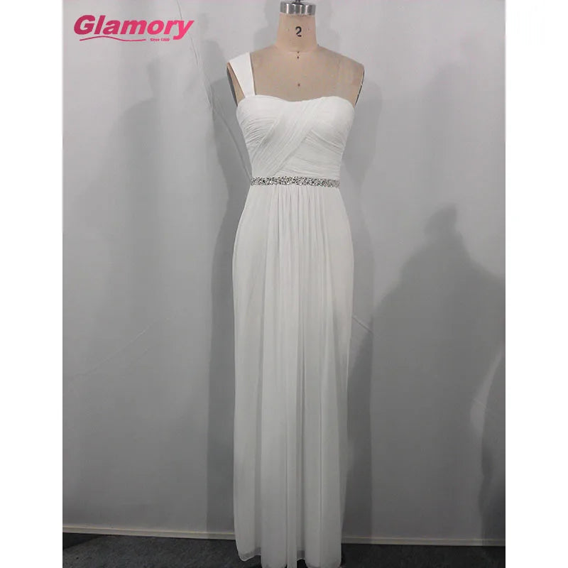 Ladies Elegant Pleating Chiffon Long White Bride Sweetheart One-shoulder Beaded Belt Evening Dress for Wedding