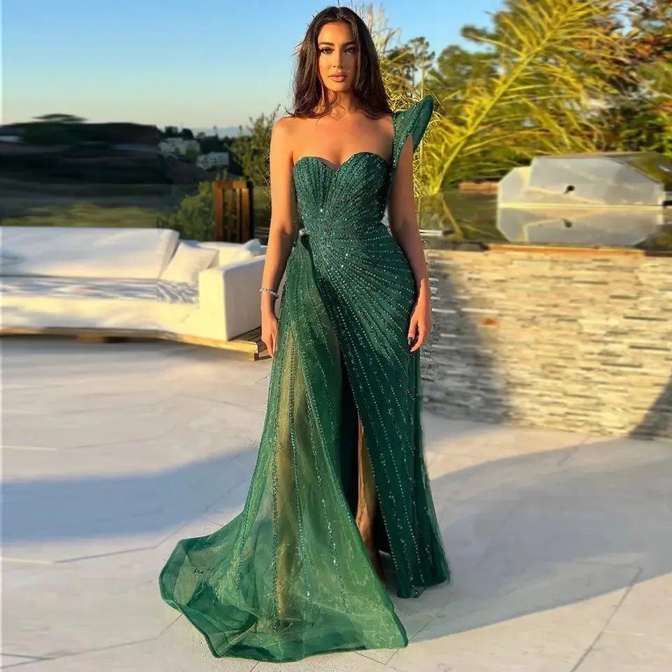 2025 Green Mermaid Beaded Evening Dresses Formal Party Gowns for Women Wedding One Shoulder Side Split Prom Dress