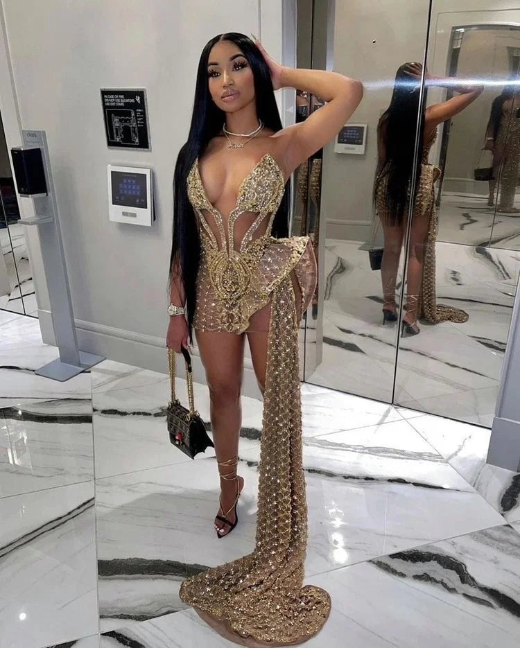 Sexy See Through Sweetheart Black Girls Sparkly Gold Sequin Short Prom Dresses 2022 for Birthday Party Gowns